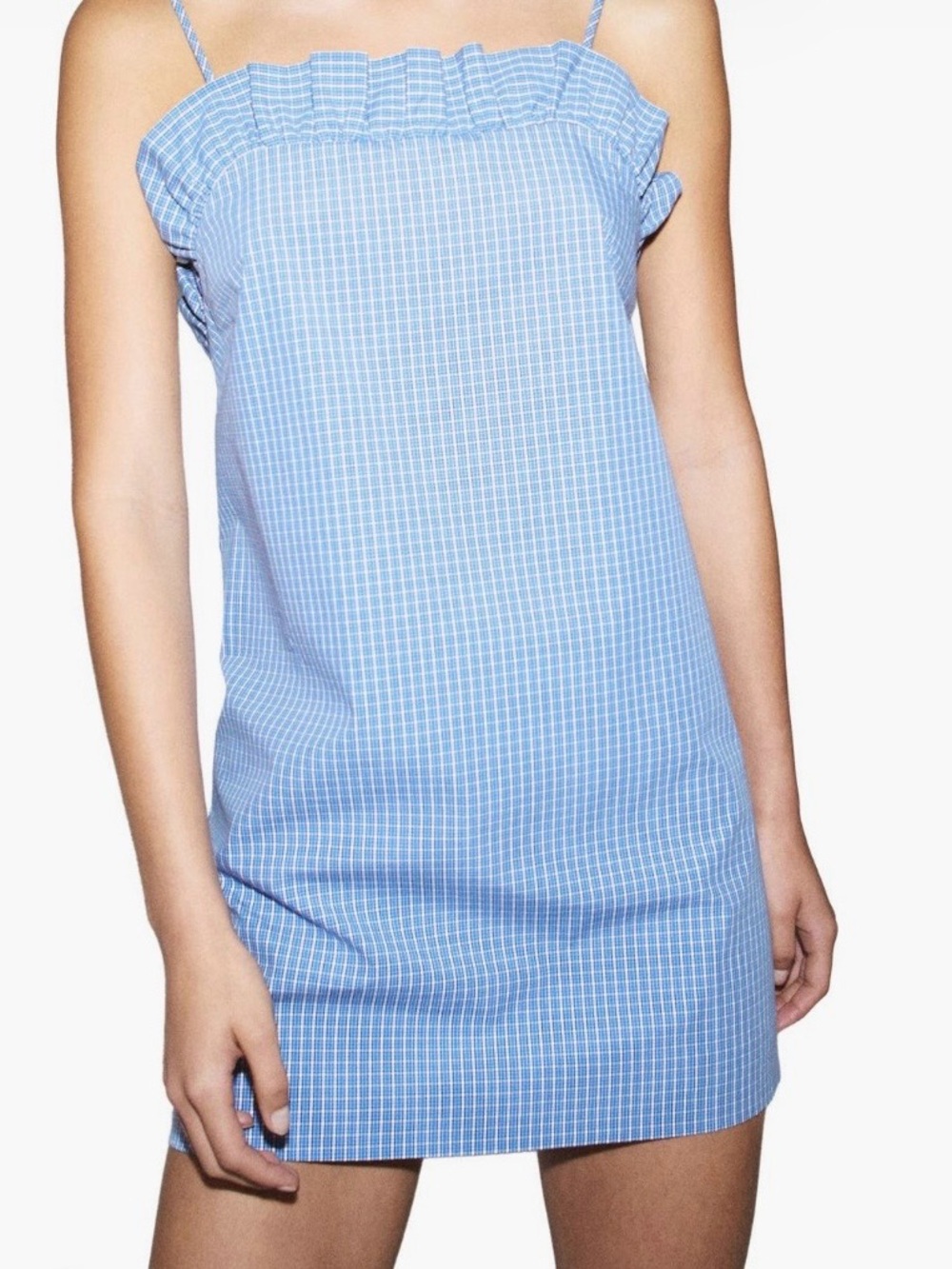 Mango Light Blue Checked Cotton Mini Dress